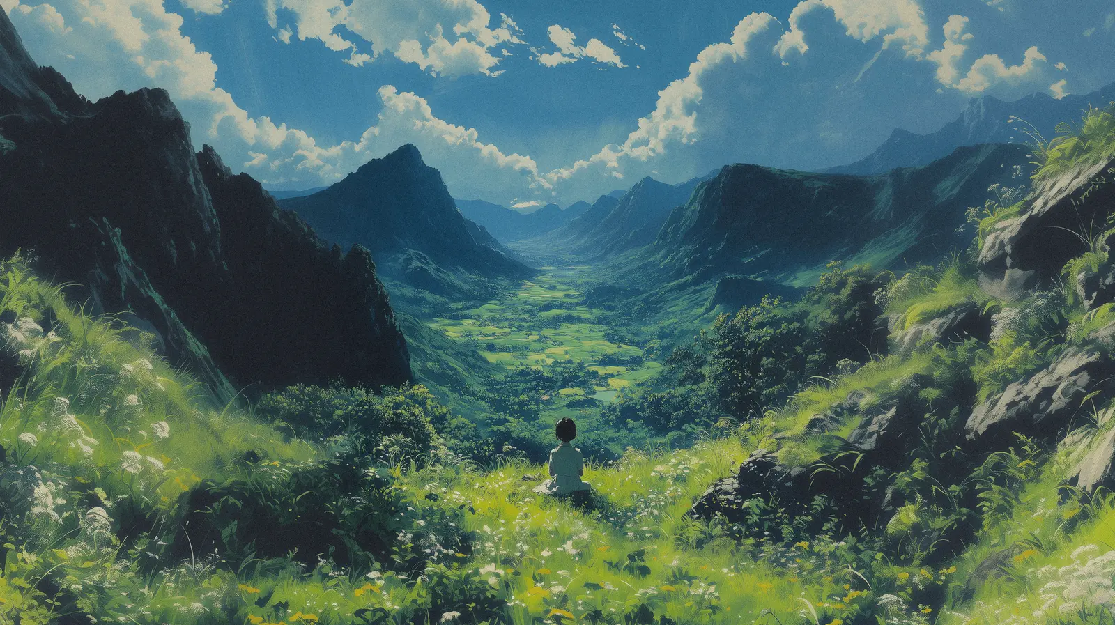 Maisemamaalaus vuorien ympäröimästä laaksosta, jota alaspäin katselee henkilö. Luotu Midjourneyllä. AI Generated